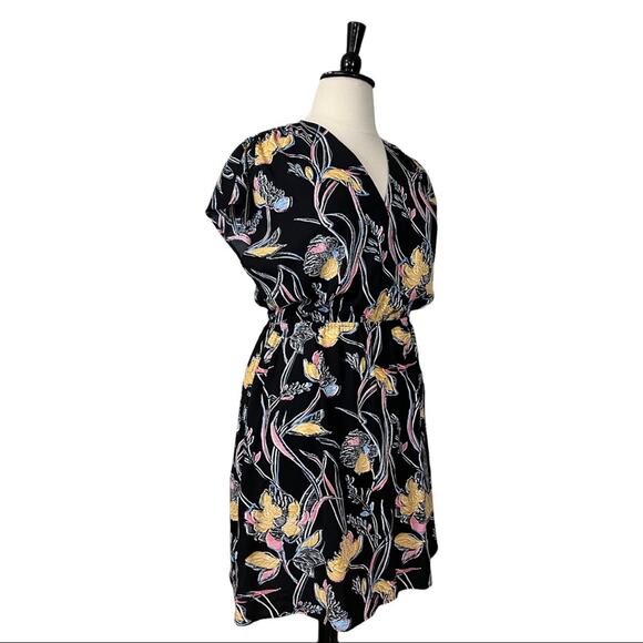 Halogen Women's Dress Elastic Waist V Neck Wrap Black Yellow Floral Size XL - Picture 2 of 10